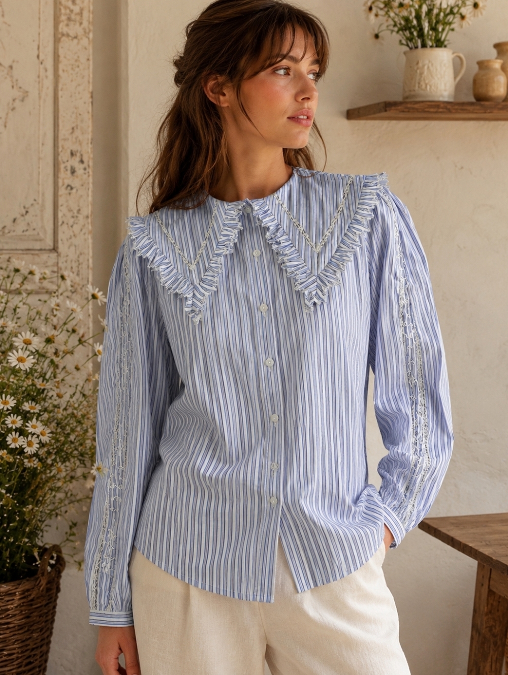 Olivaceous Blue Stripe Ruffle Lace Collar Button Front Blouse Large